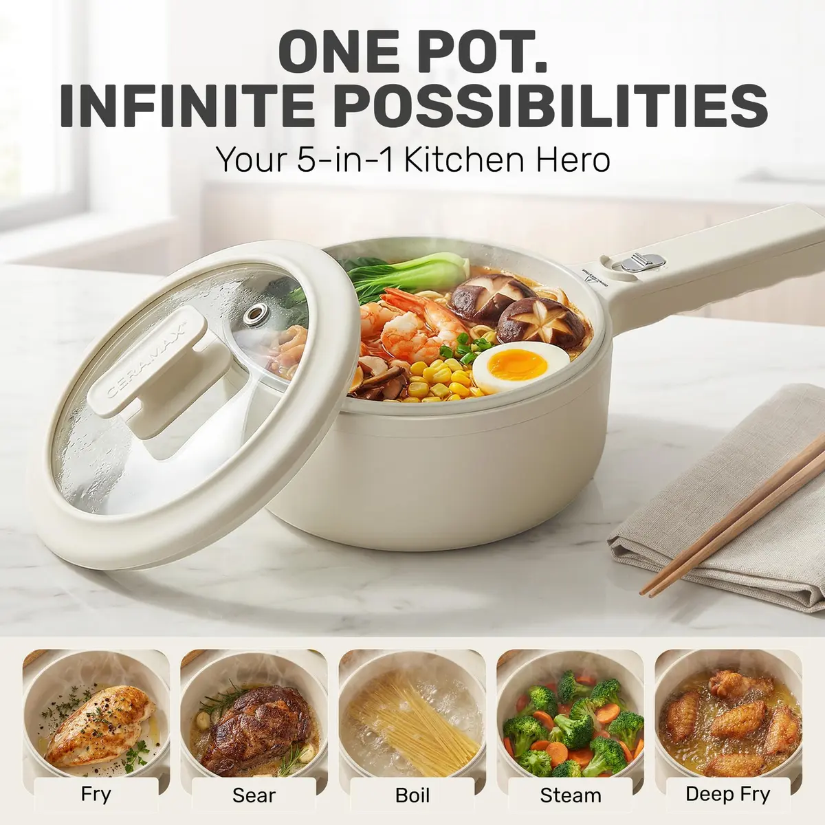 CERAMAX PRO 1.5L Electric Hot Pot with Lid & Steamer | Compact, Non-Toxic Ceramic, Rapid Heating - view 3