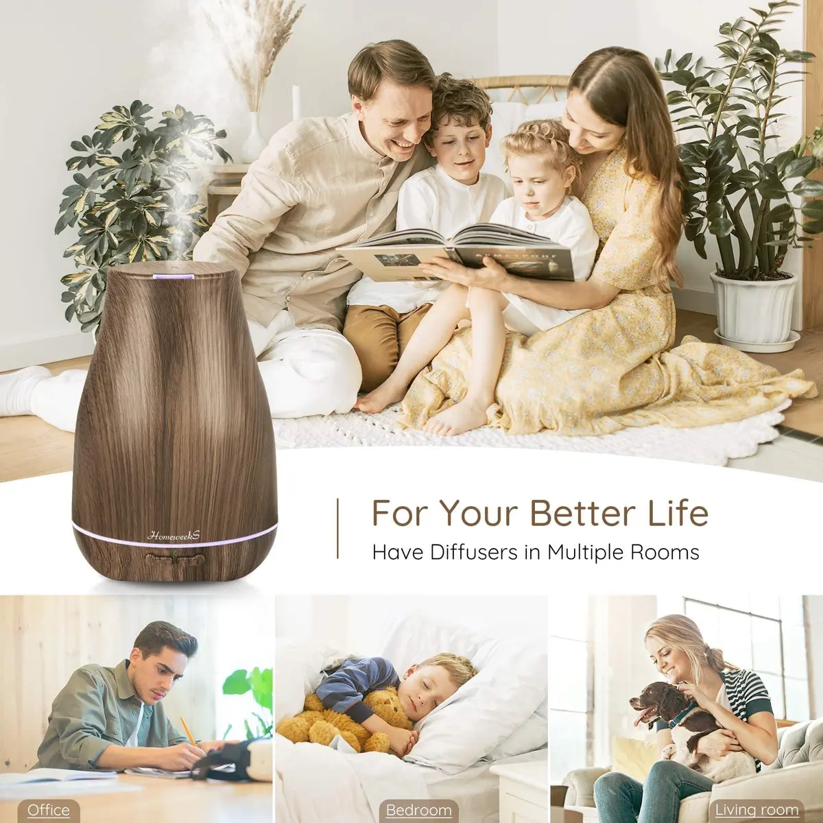Homeweeks Essential Oil Diffuser 100ml (3.4 Fl Oz) | Ultrasonic Cool Mist for Home & Office - view 2