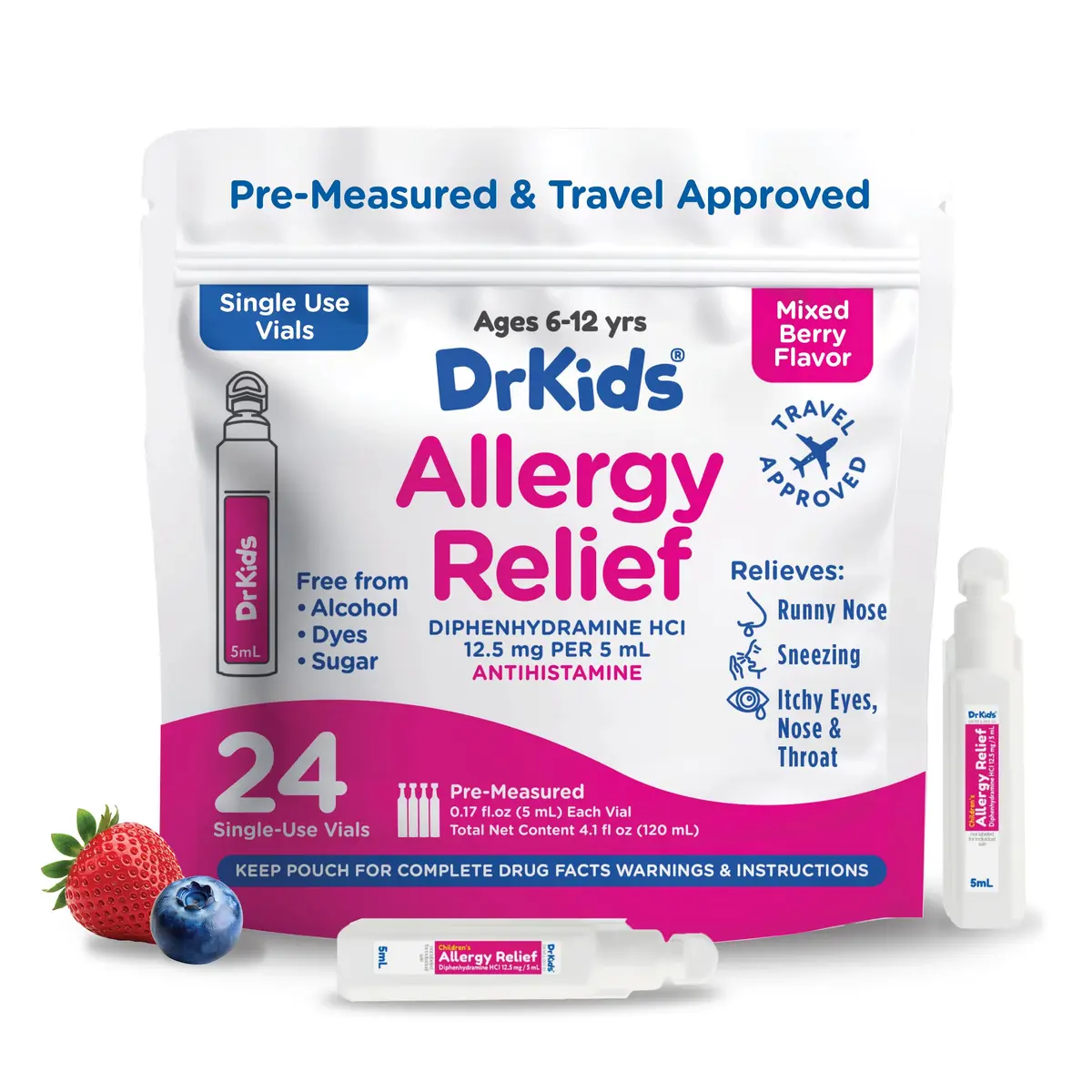 Dr. Kids Children's Allergy Relief Medicine, Mixed Berry Flavor, 24 Count | Fast-Acting Allergy Support for Kids - main product image