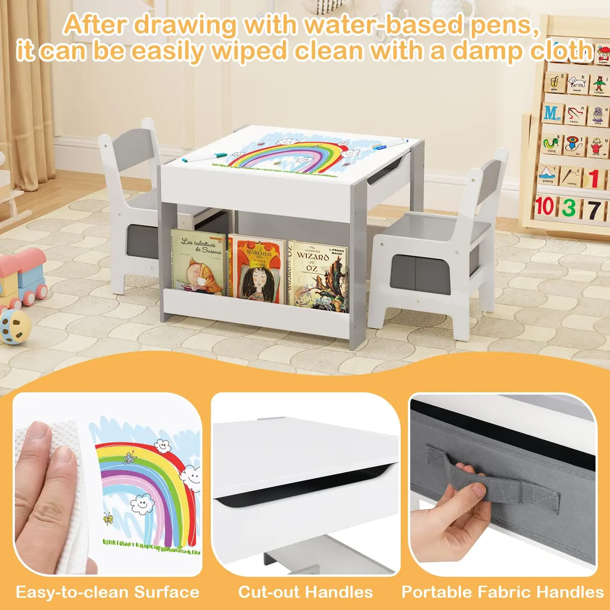 HONEY JOY Kids Table and Chairs, 4-in-1 Wooden Activity Set with Reversible Top, Storage, for 3-6 Years (Gray) - view 5