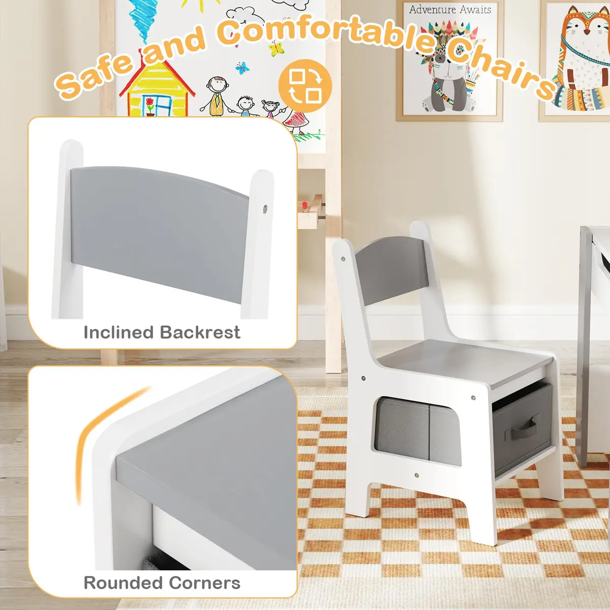 HONEY JOY Kids Table and Chairs, 4-in-1 Wooden Activity Set with Reversible Top, Storage, for 3-6 Years (Gray) - view 6