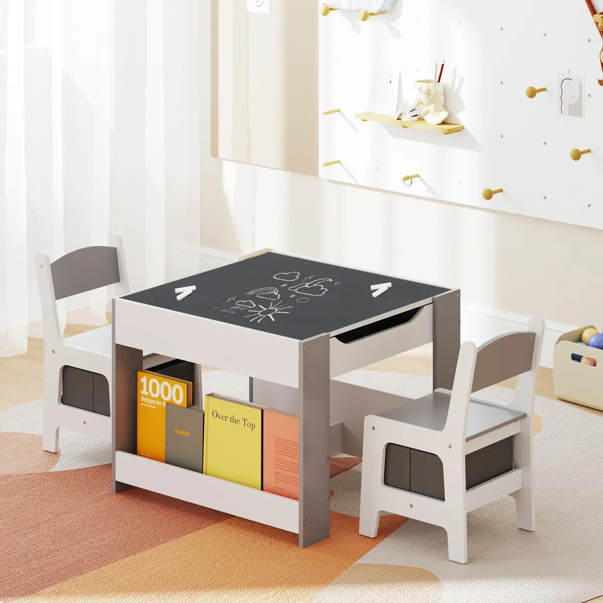 HONEY JOY Kids Table and Chairs, 4-in-1 Wooden Activity Set with Reversible Top, Storage, for 3-6 Years (Gray) - view 9