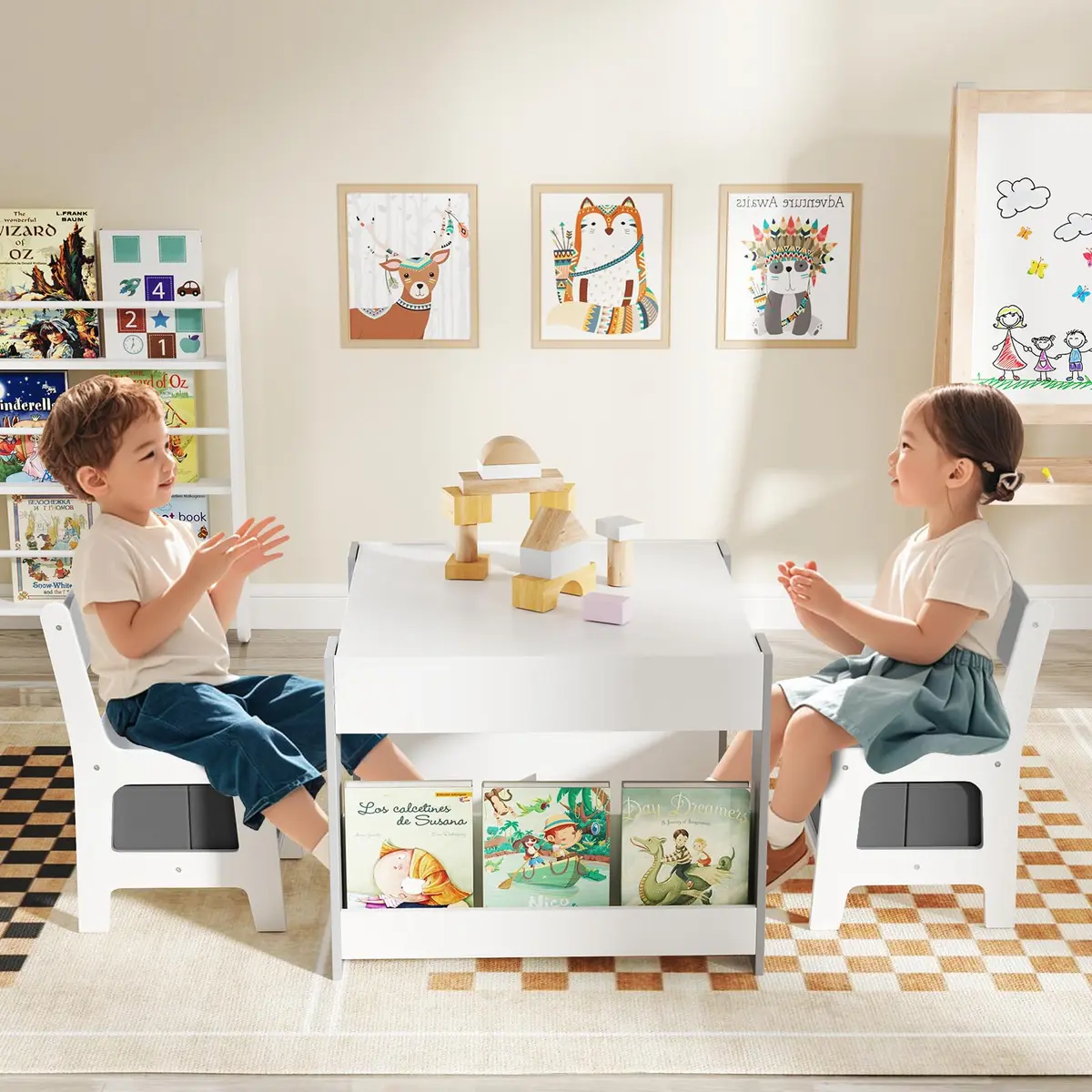 HONEY JOY Kids Table and Chairs, 4-in-1 Wooden Activity Set with Reversible Top, Storage, for 3-6 Years (Gray) - view 2