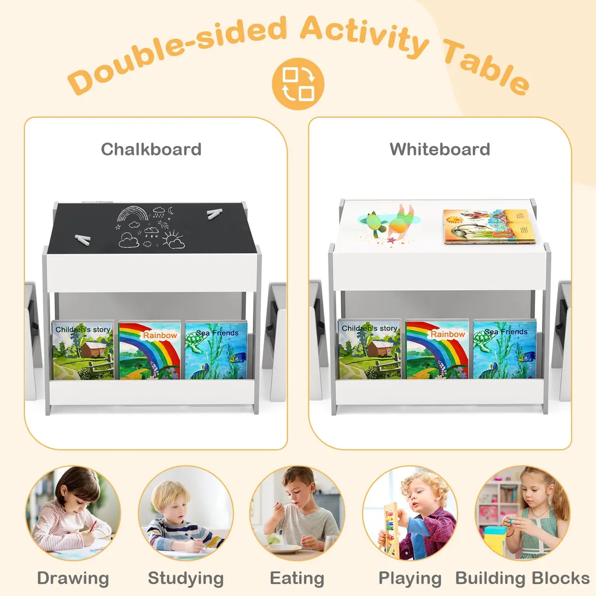 HONEY JOY Kids Table and Chairs, 4-in-1 Wooden Activity Set with Reversible Top, Storage, for 3-6 Years (Gray) - view 3