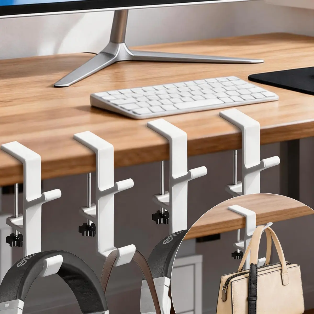 CaLeQi White 4 Pcs Double Hook Desk Mount Bag Holder Clamp | Max 30 lb Capacity - main product image