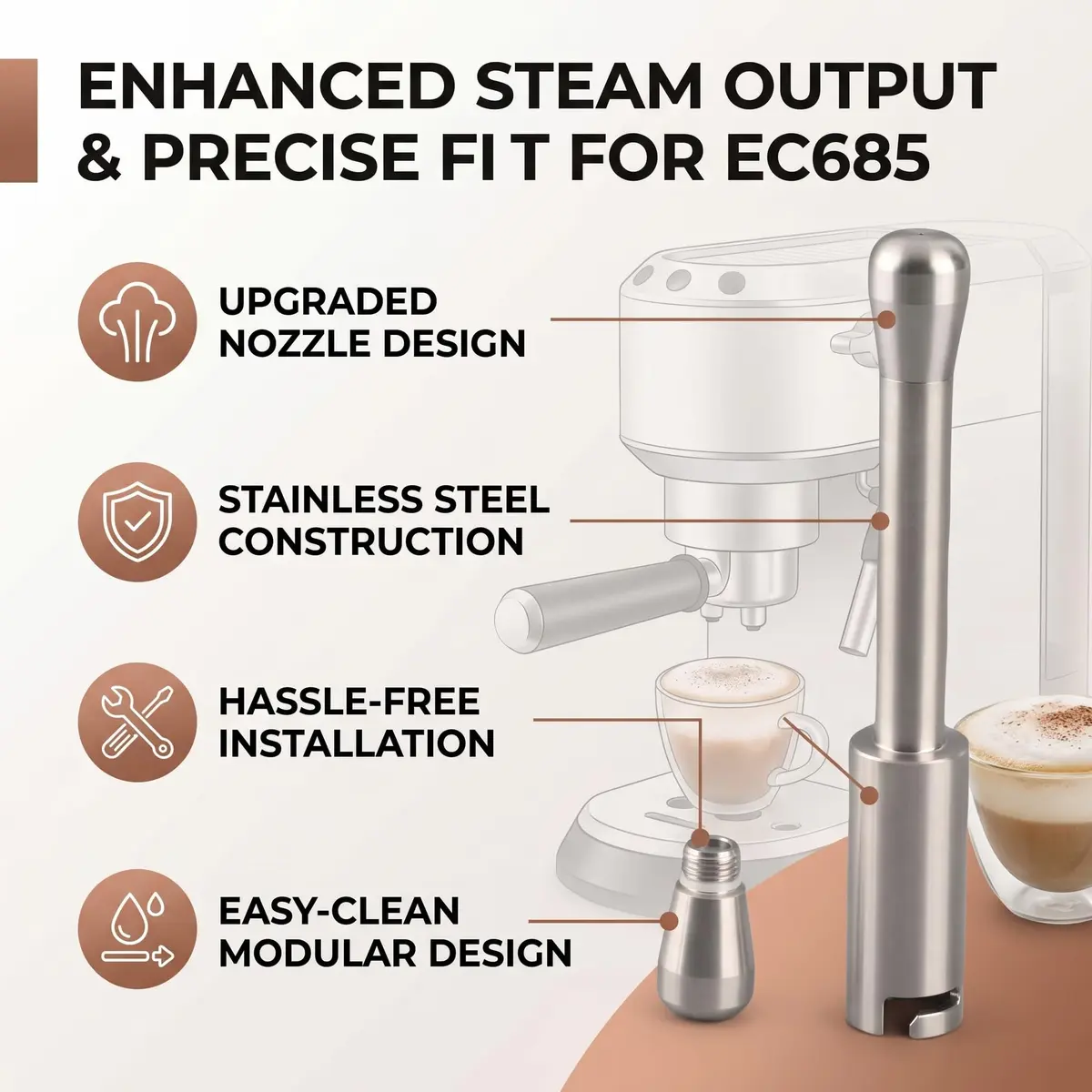 POCREATION Stainless Steel Steam Wand Nozzle for EC685/ECP35/ECP36 Espresso Machines | Rich Milk Foam & Latte Art - view 4