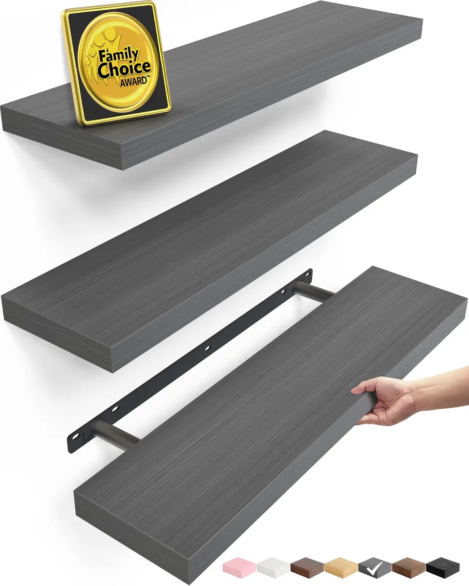BAYKA Grey Floating Shelves 22.5in (57.15cm) x 6.7in (17.02cm) x 1.1in (2.79cm), Set of 3 | Modern Minimalist Style - main product image