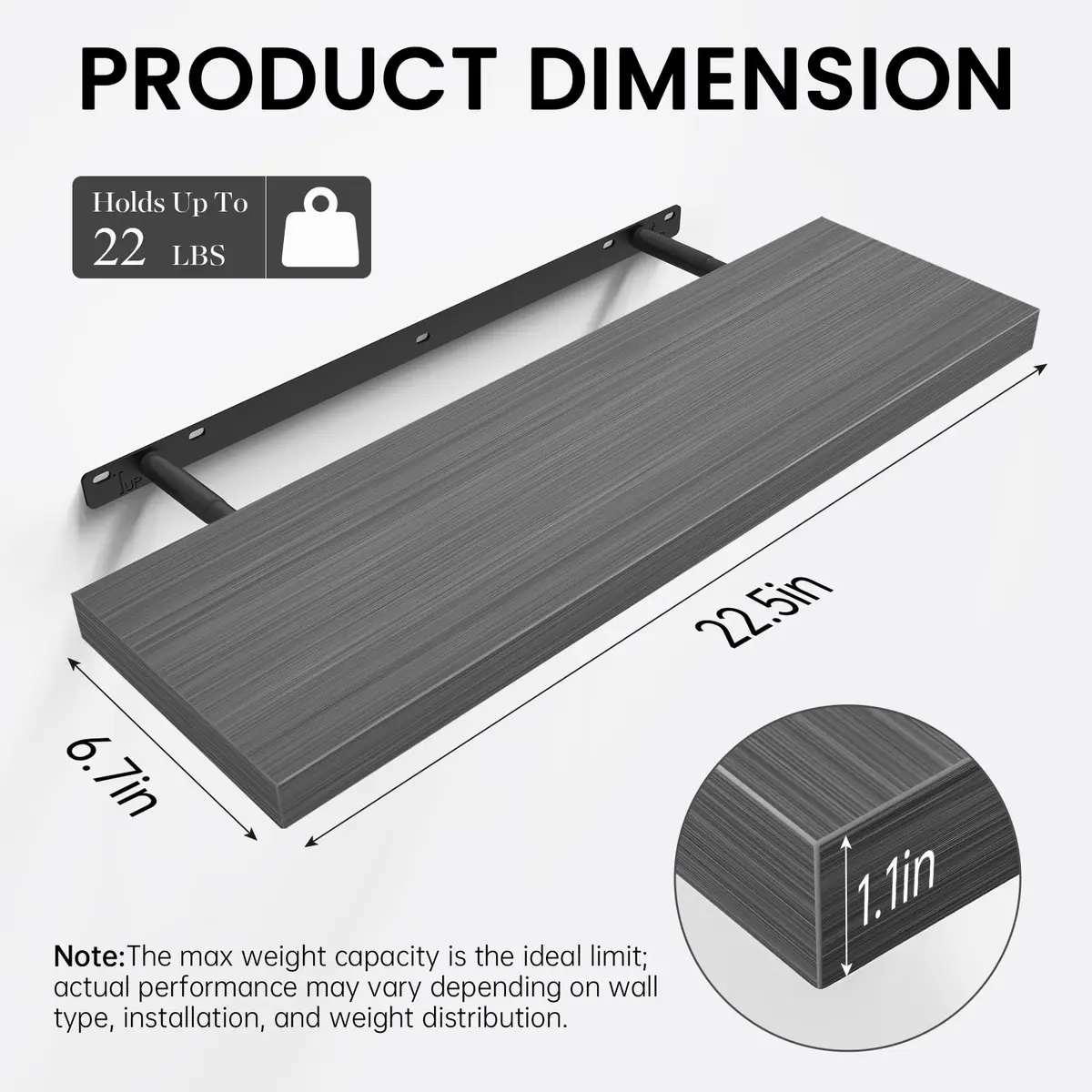BAYKA Grey Floating Shelves 22.5in (57.15cm) x 6.7in (17.02cm) x 1.1in (2.79cm), Set of 3 | Modern Minimalist Style - view 5