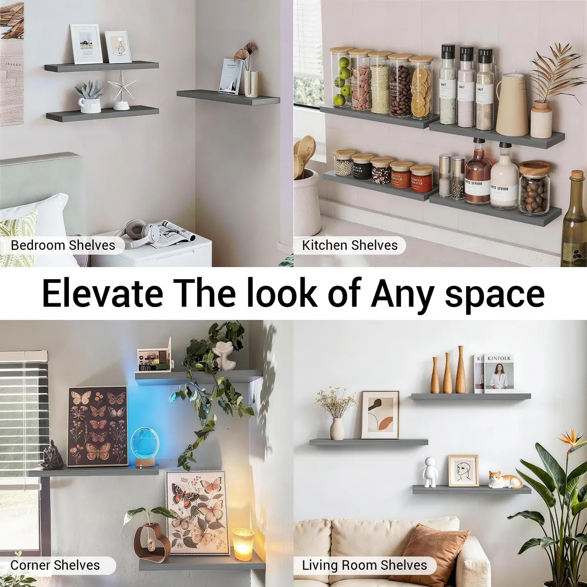 BAYKA Grey Floating Shelves 22.5in (57.15cm) x 6.7in (17.02cm) x 1.1in (2.79cm), Set of 3 | Modern Minimalist Style - view 7