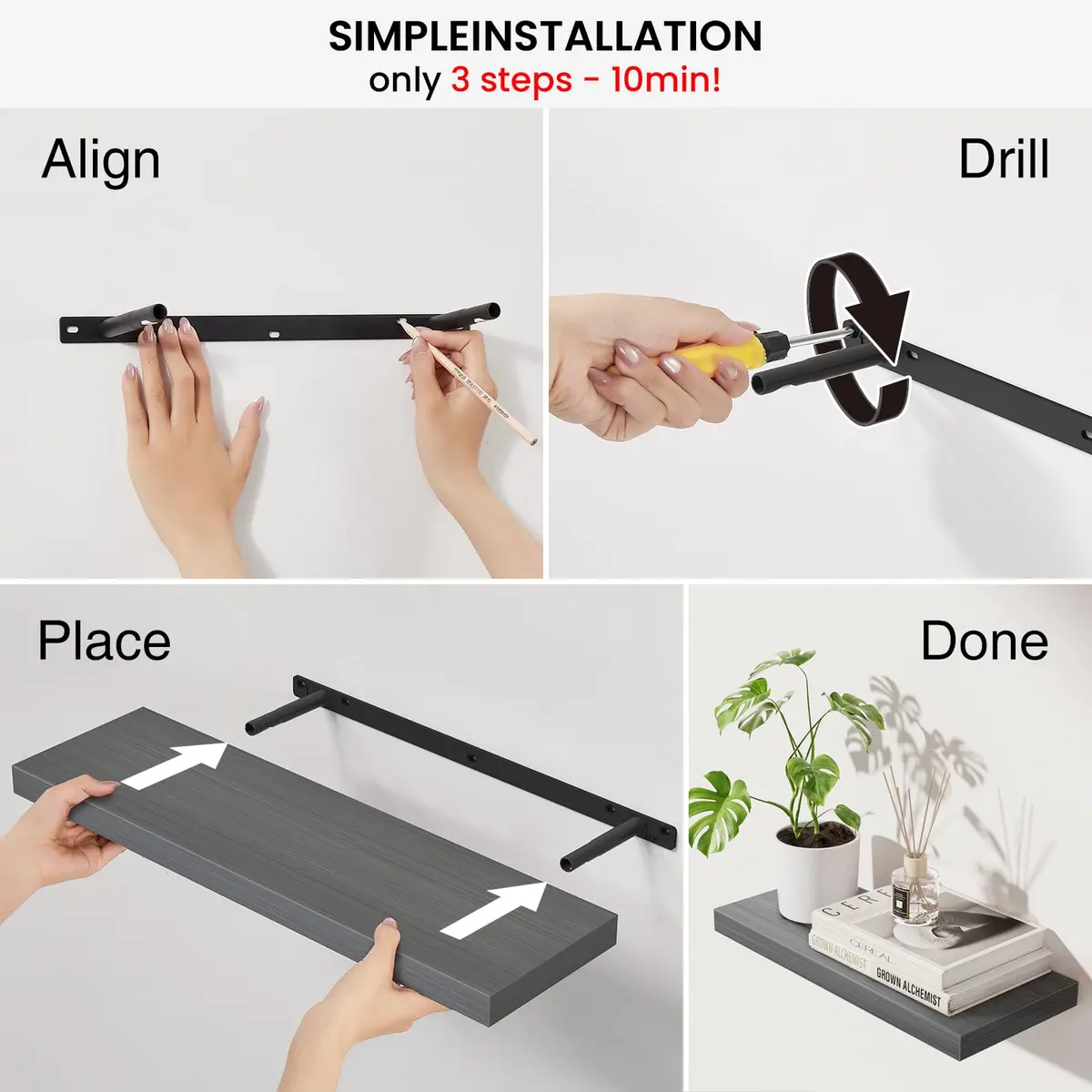 BAYKA Grey Floating Shelves 22.5in (57.15cm) x 6.7in (17.02cm) x 1.1in (2.79cm), Set of 3 | Modern Minimalist Style - view 8