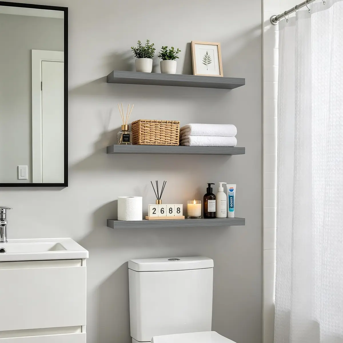 BAYKA Grey Floating Shelves 22.5in (57.15cm) x 6.7in (17.02cm) x 1.1in (2.79cm), Set of 3 | Modern Minimalist Style - view 2