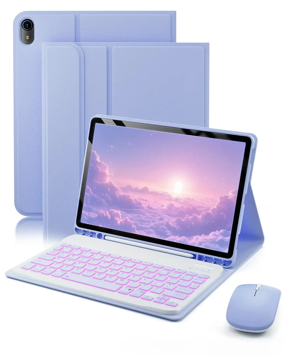 TUNKARMOR Backlit Keyboard Case for iPad 11th Gen 2025 & 10th Gen 2022 10.9/11-inch with S Pen Holder & Mouse | Purple - main product image