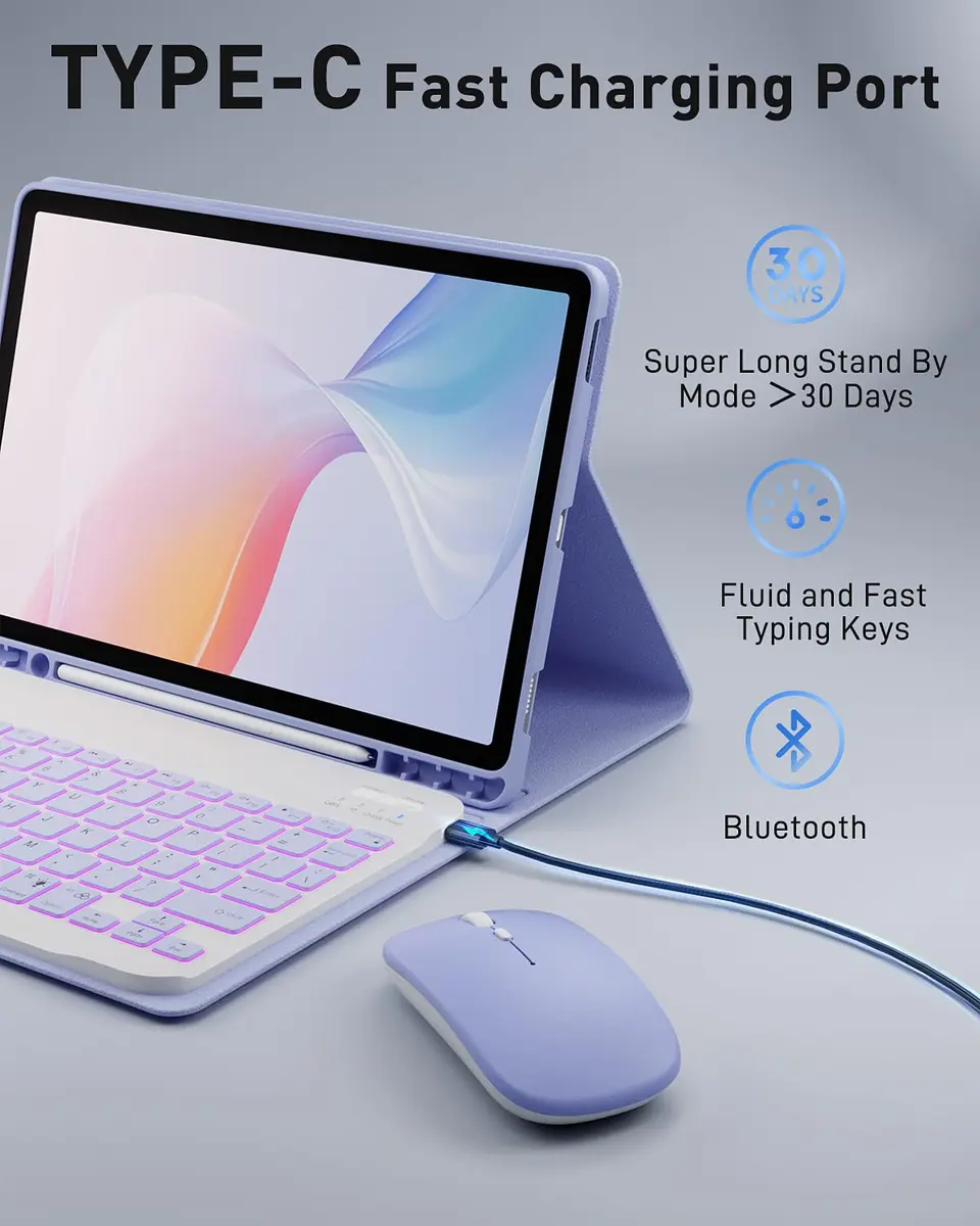 TUNKARMOR Backlit Keyboard Case for iPad 11th Gen 2025 & 10th Gen 2022 10.9/11-inch with S Pen Holder & Mouse | Purple - view 5