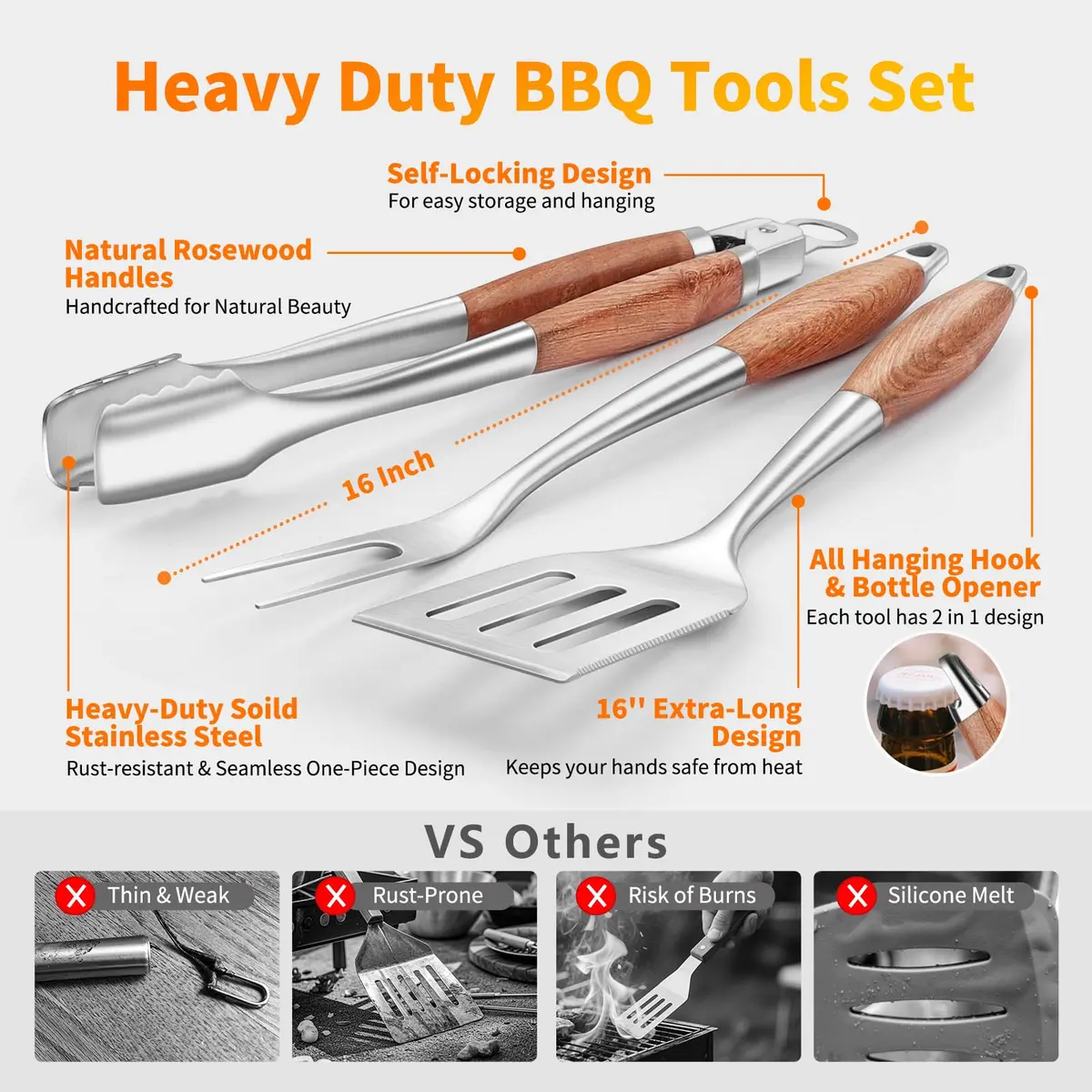 RIKOJUXI Heavy Duty Stainless Steel BBQ Accessories Tools Set Grill Gift | 16 Inch Long Handles for Safety - view 2