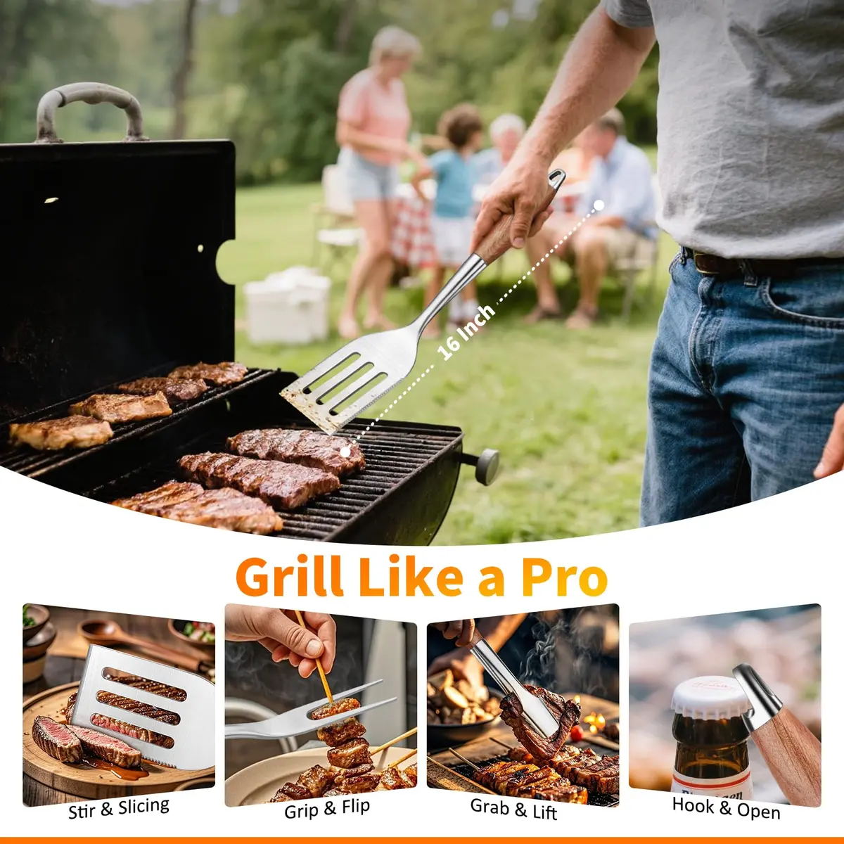 RIKOJUXI Heavy Duty Stainless Steel BBQ Accessories Tools Set Grill Gift | 16 Inch Long Handles for Safety - view 3