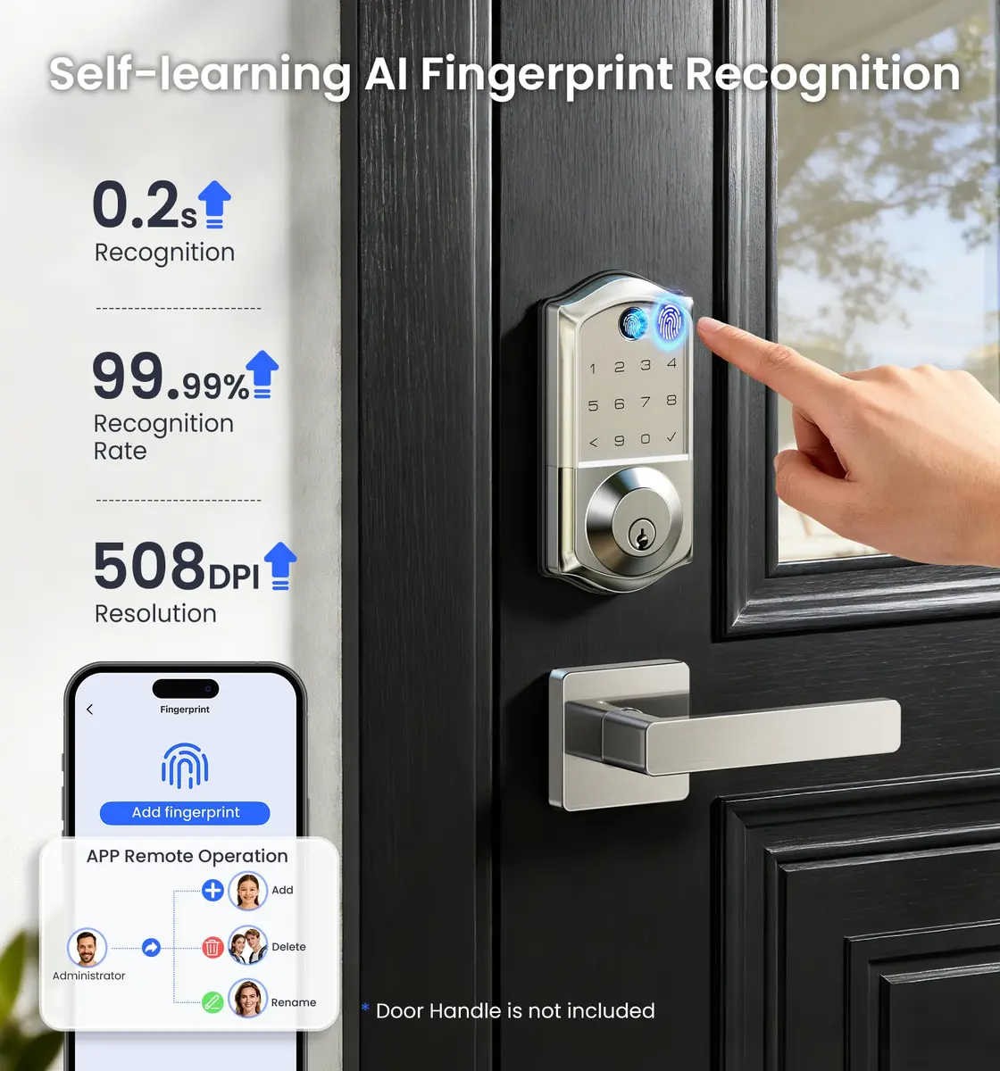 Veise VE017G WiFi Smart Keyless Entry Lock for Front Door, Satin Nickel | App, Fingerprint, Voice Unlock - view 5