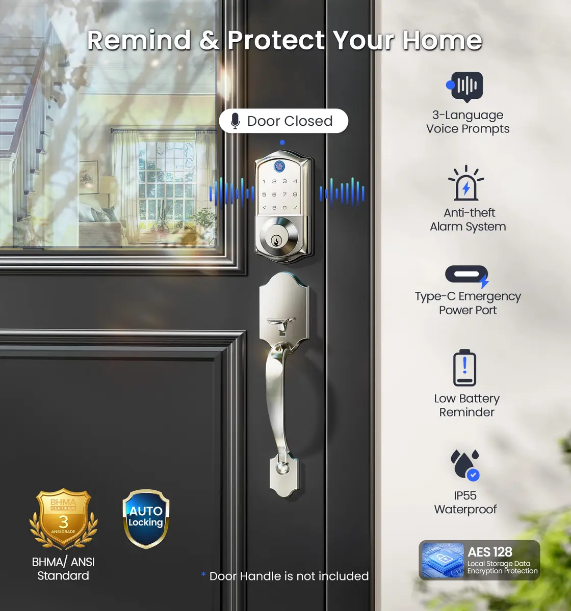 Veise VE017G WiFi Smart Keyless Entry Lock for Front Door, Satin Nickel | App, Fingerprint, Voice Unlock - view 9