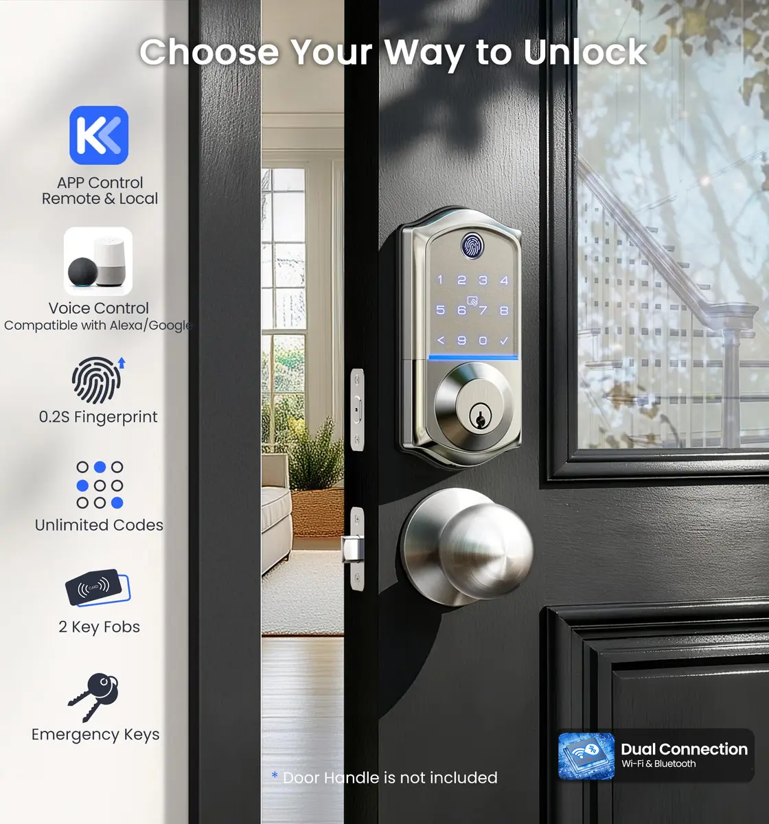 Veise VE017G WiFi Smart Keyless Entry Lock for Front Door, Satin Nickel | App, Fingerprint, Voice Unlock - view 2