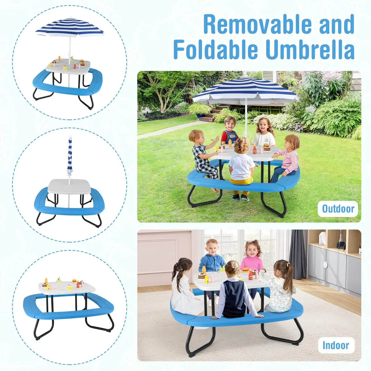 CLEEMAN Kids Picnic Table with Umbrella & Benches | Fits 8 Children, Indoor Outdoor (White+Blue) | ASTM & CPSIA Compliant - view 5