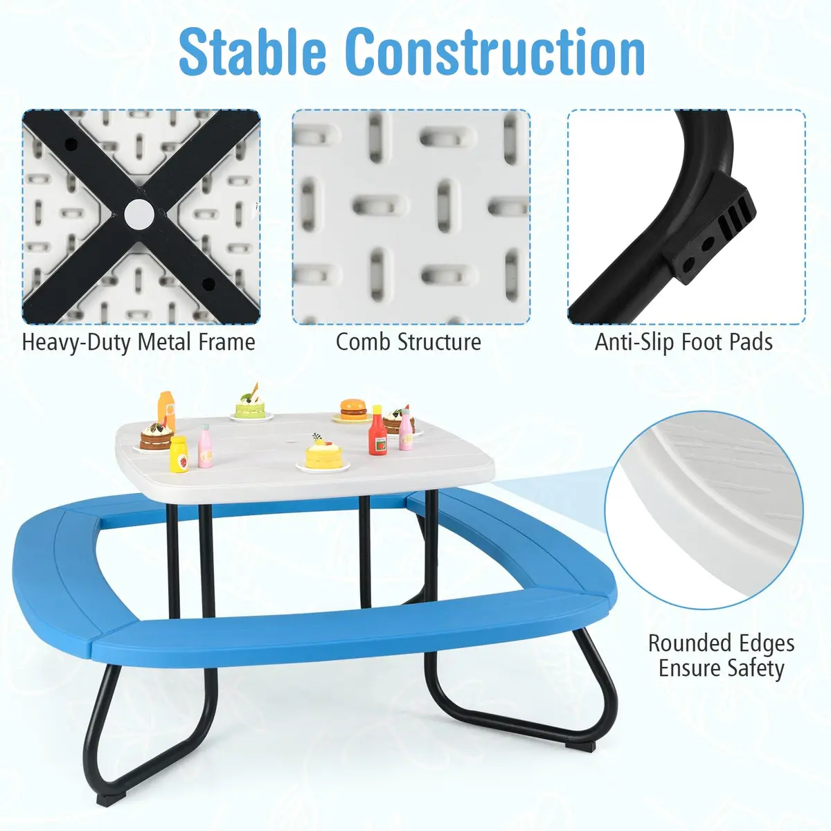 CLEEMAN Kids Picnic Table with Umbrella & Benches | Fits 8 Children, Indoor Outdoor (White+Blue) | ASTM & CPSIA Compliant - view 7