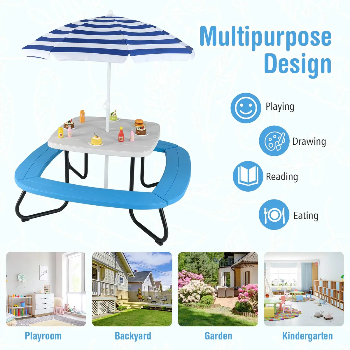 CLEEMAN Kids Picnic Table with Umbrella & Benches | Fits 8 Children, Indoor Outdoor (White+Blue) | ASTM & CPSIA Compliant - view 8