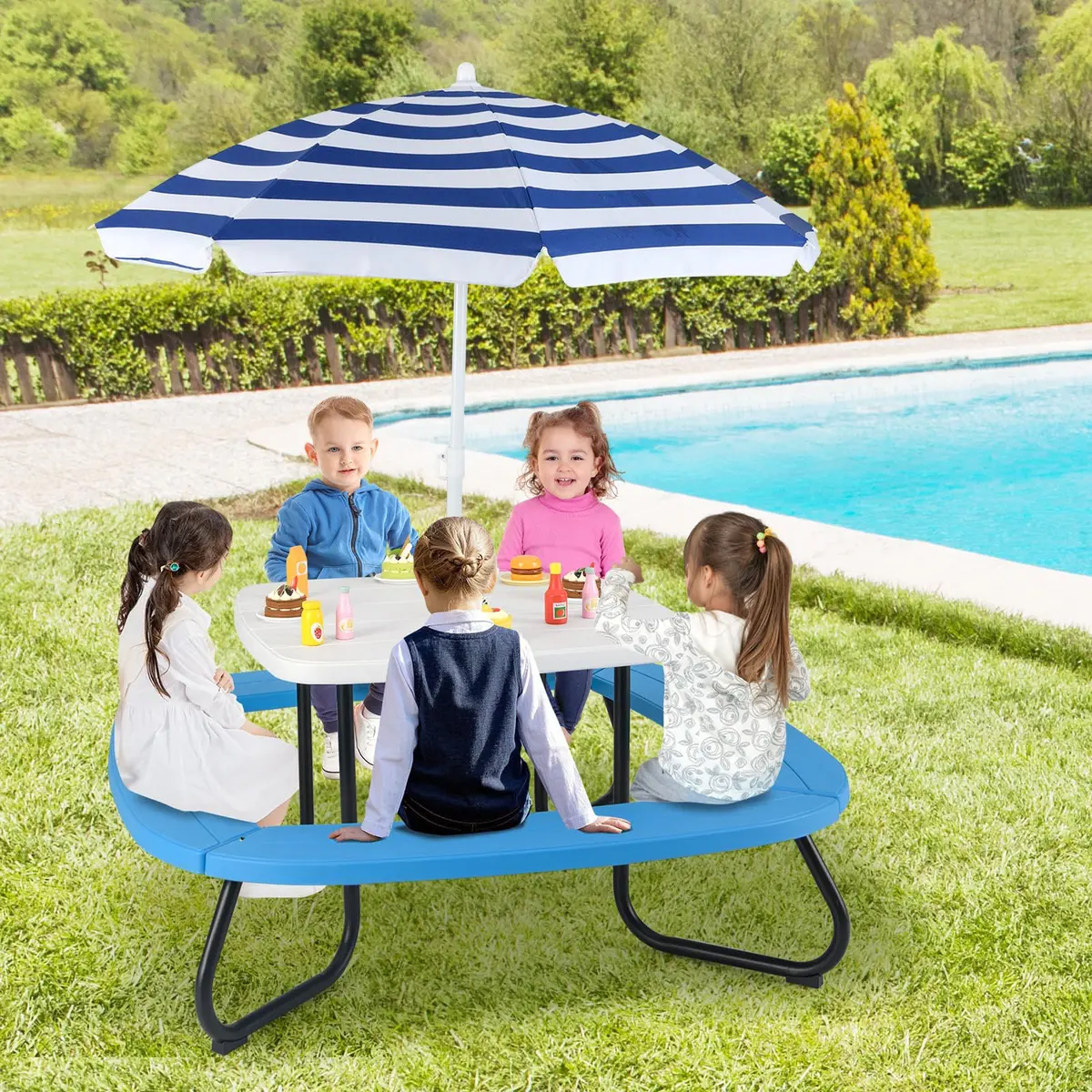 CLEEMAN Kids Picnic Table with Umbrella & Benches | Fits 8 Children, Indoor Outdoor (White+Blue) | ASTM & CPSIA Compliant - view 9