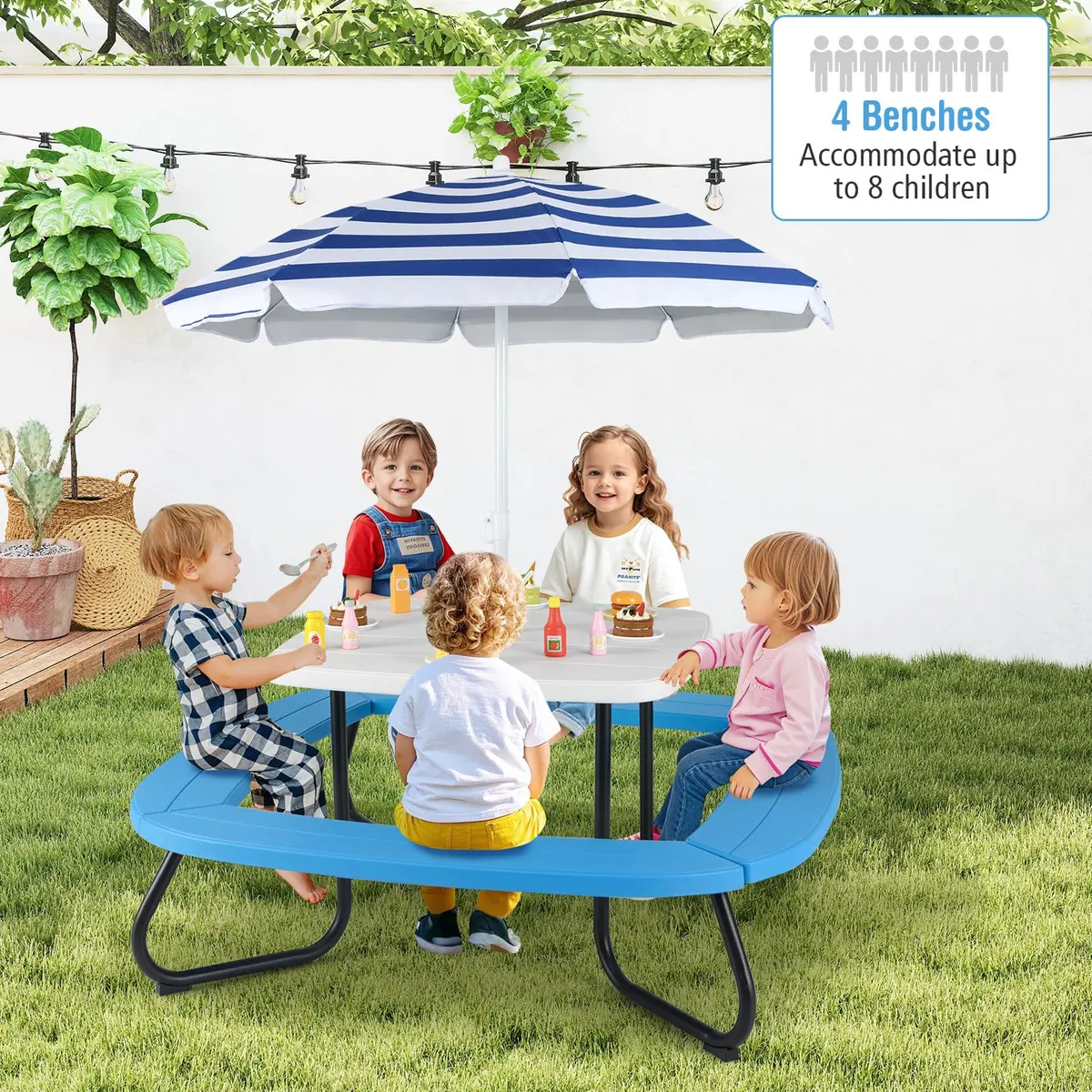 CLEEMAN Kids Picnic Table with Umbrella & Benches | Fits 8 Children, Indoor Outdoor (White+Blue) | ASTM & CPSIA Compliant - view 2