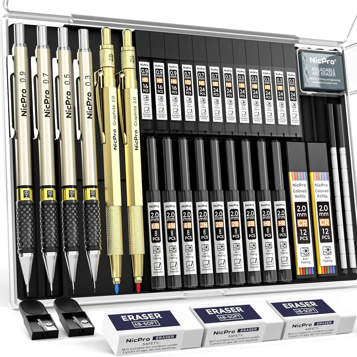 Nicpro 37PCS Gold Art Mechanical Pencil Set, 0.3/0.5/0.7/0.9/2mm Point | Smooth Ink Flow Writing Instrument - main product image