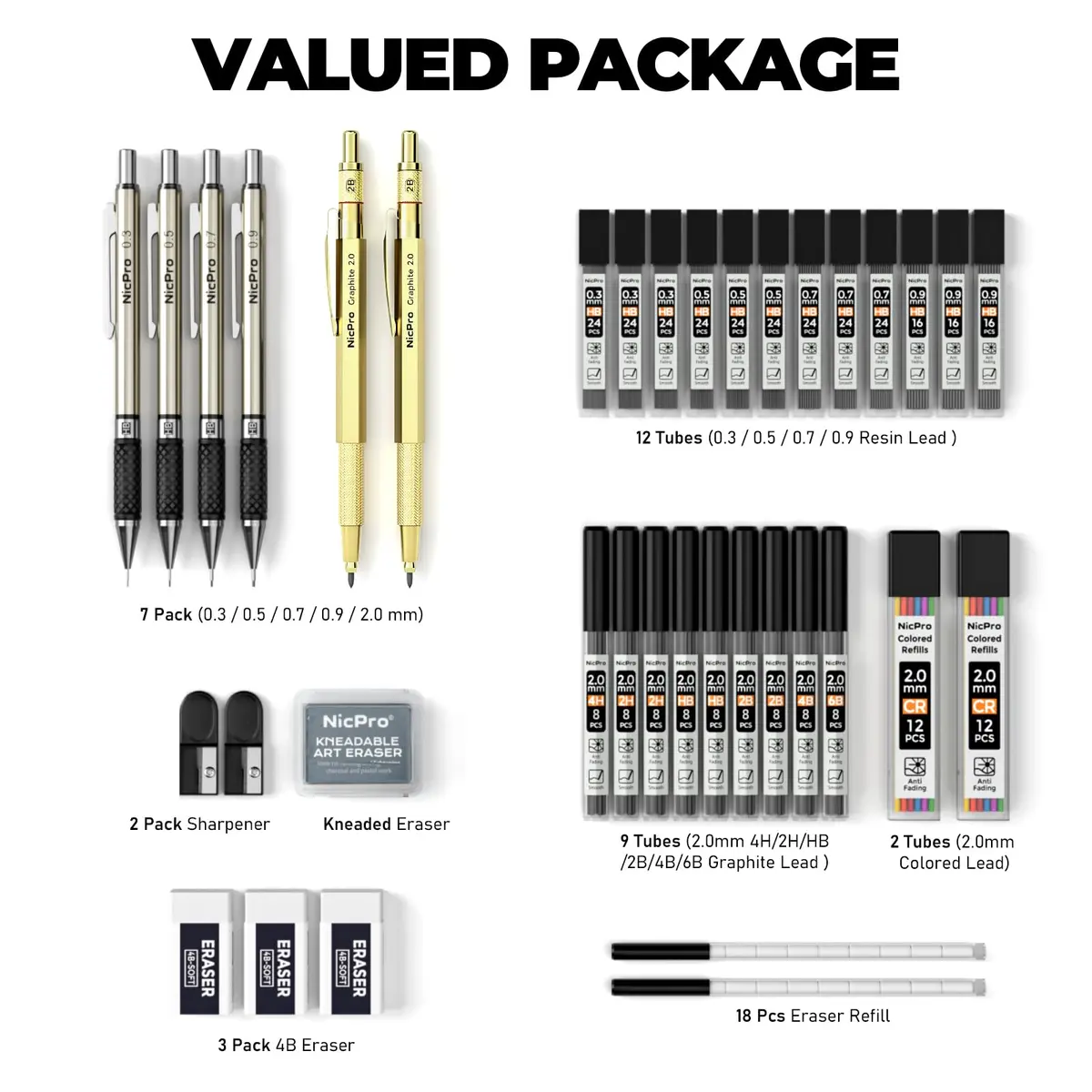 Nicpro 37PCS Gold Art Mechanical Pencil Set, 0.3/0.5/0.7/0.9/2mm Point | Smooth Ink Flow Writing Instrument - view 6