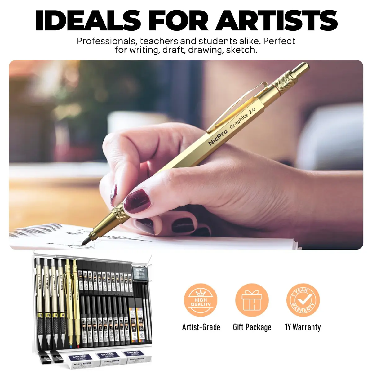 Nicpro 37PCS Gold Art Mechanical Pencil Set, 0.3/0.5/0.7/0.9/2mm Point | Smooth Ink Flow Writing Instrument - view 7