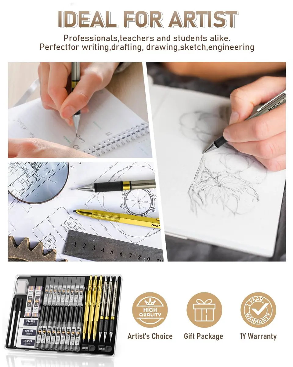 Nicpro 37PCS Gold Art Mechanical Pencil Set, 0.3/0.5/0.7/0.9/2mm Point | Smooth Ink Flow Writing Instrument - view 9