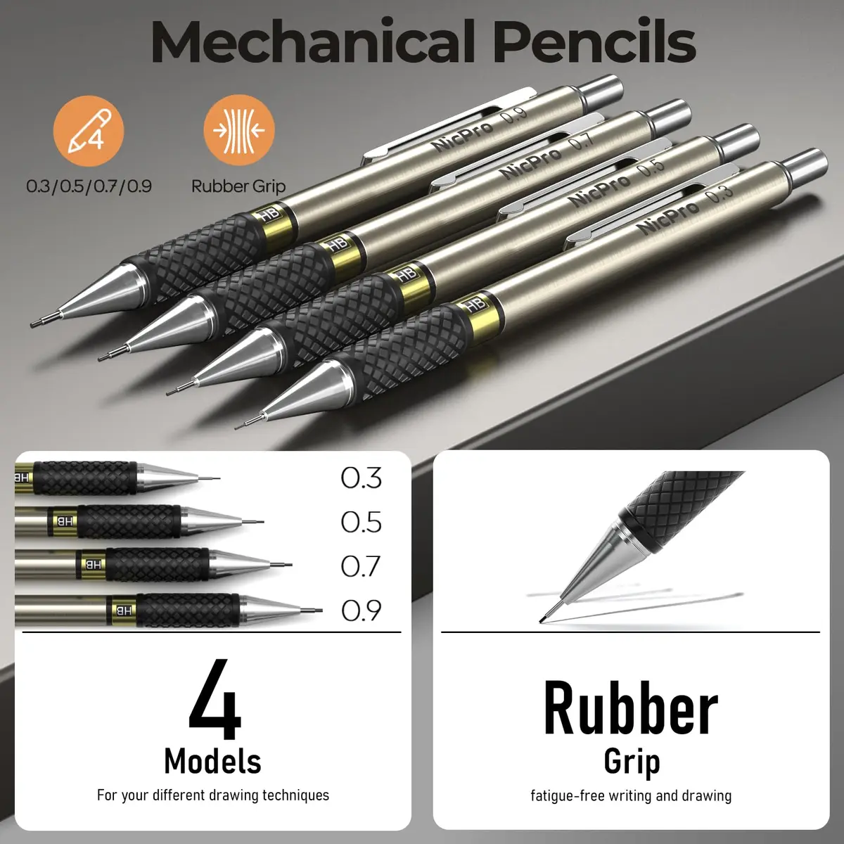 Nicpro 37PCS Gold Art Mechanical Pencil Set, 0.3/0.5/0.7/0.9/2mm Point | Smooth Ink Flow Writing Instrument - view 2