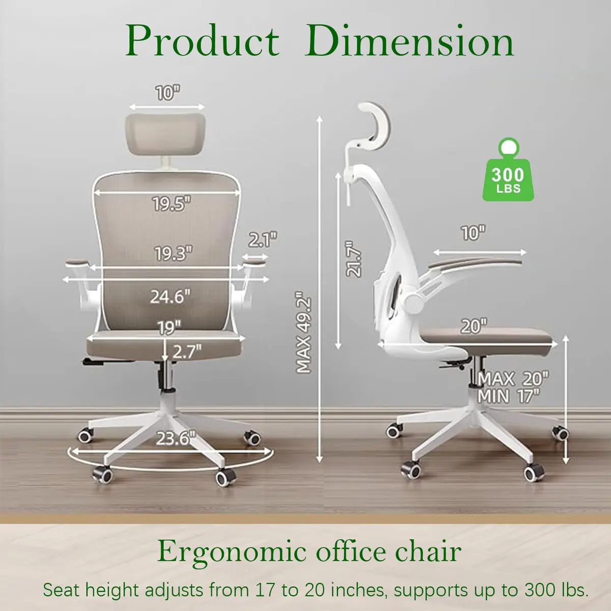 SICHY AGE High Back Mesh Office Chair with Adjustable Lumbar Support & Flip-Up Armrests | 24.59in x 20in x 49.2in - view 5