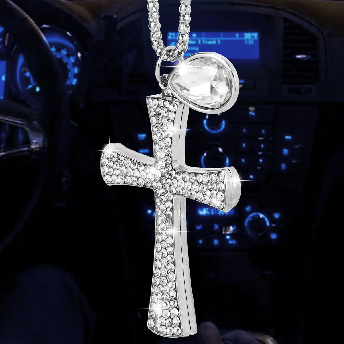PAGOW Silver Hanging Cross Car Decor 43cm | Crystal Rhinestone Pendant for Vehicle Interior - main product image