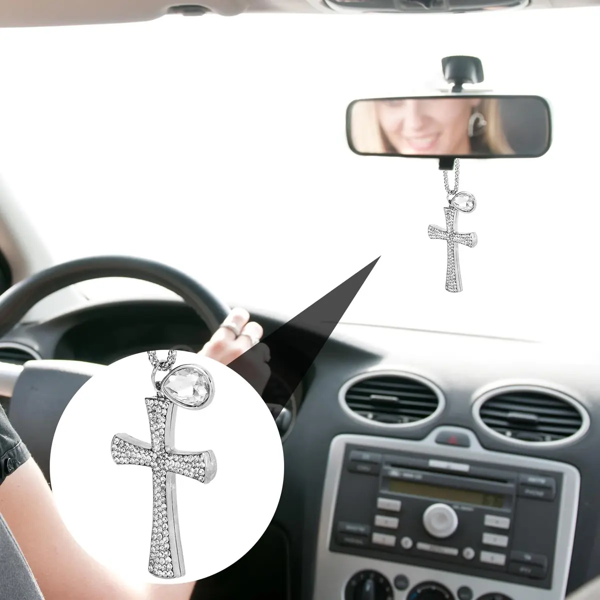PAGOW Silver Hanging Cross Car Decor 43cm | Crystal Rhinestone Pendant for Vehicle Interior - view 6