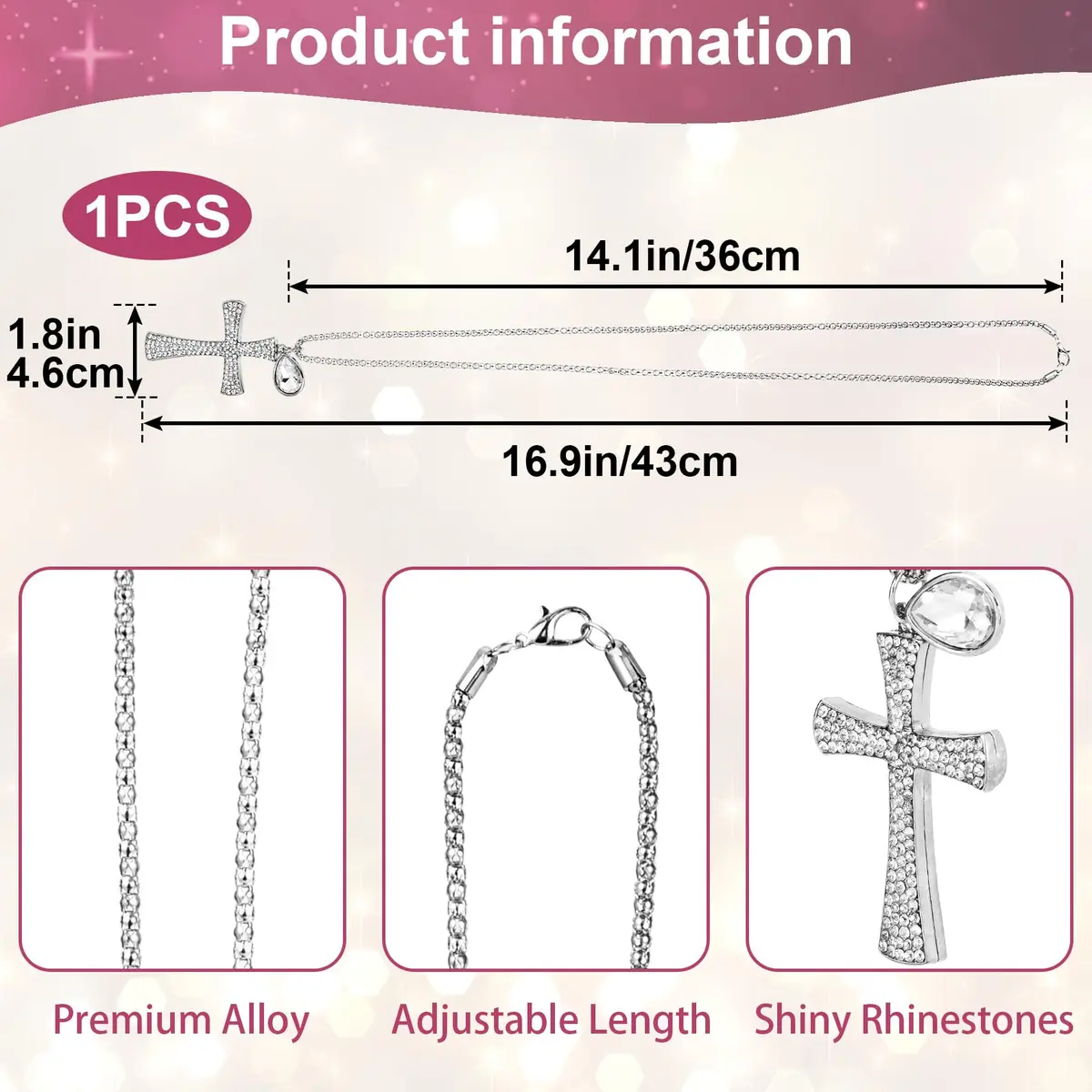 PAGOW Silver Hanging Cross Car Decor 43cm | Crystal Rhinestone Pendant for Vehicle Interior - view 2