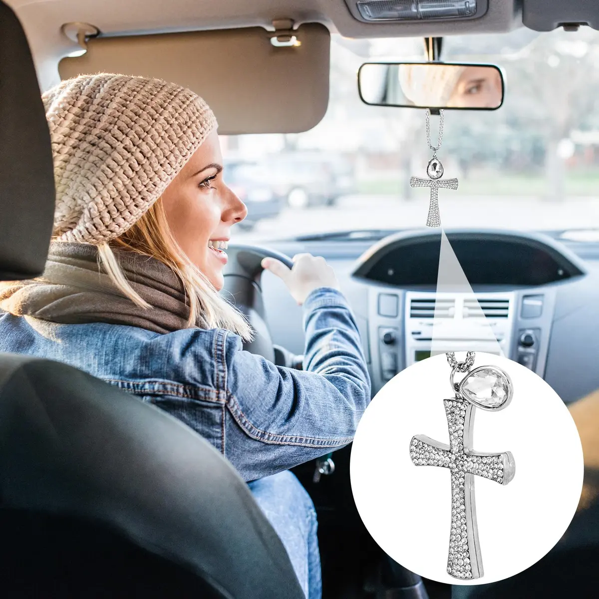 PAGOW Silver Hanging Cross Car Decor 43cm | Crystal Rhinestone Pendant for Vehicle Interior - view 3