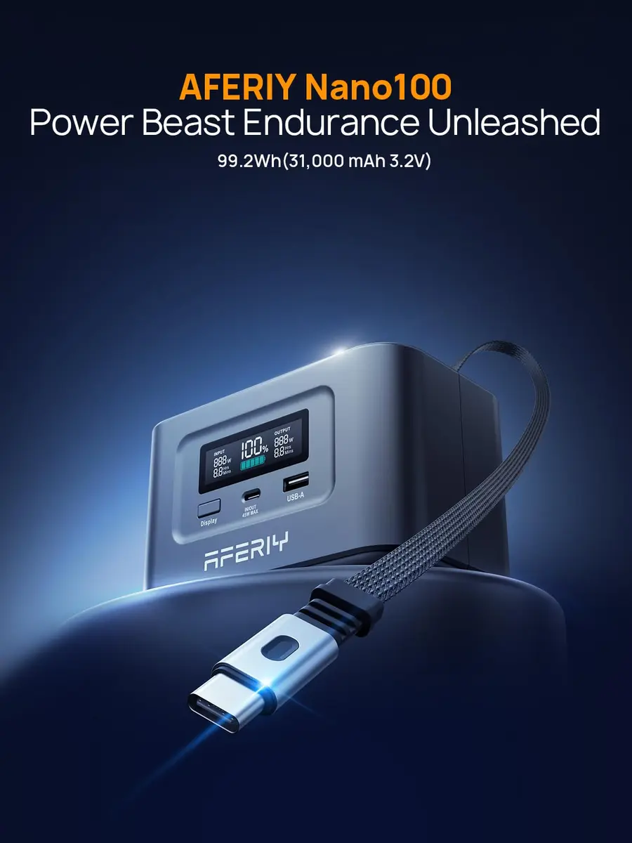 AFERIY Nano100 31000mAh Power Bank Station, 100W PD Laptop Portable Charger | 145W Output, LiFePO4 Battery, Solar Support - view 2