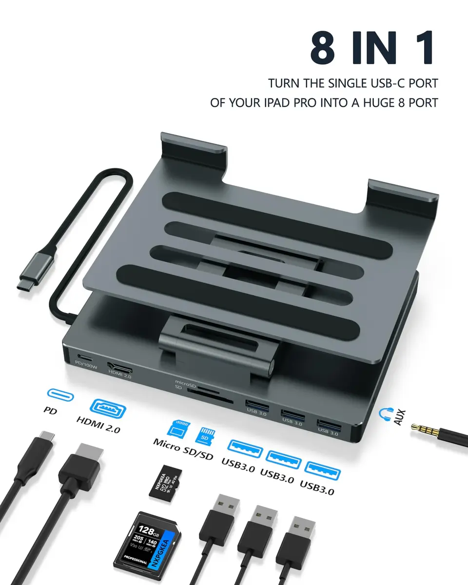 BKELHS 2026 iPad Pro USB C Hub Stand Adapter for iPad Pro M5 M3 M4 13 12.9 11 Inch | 4K HDMI, SD/TF, 3 USB 3.0, Audio - view 2