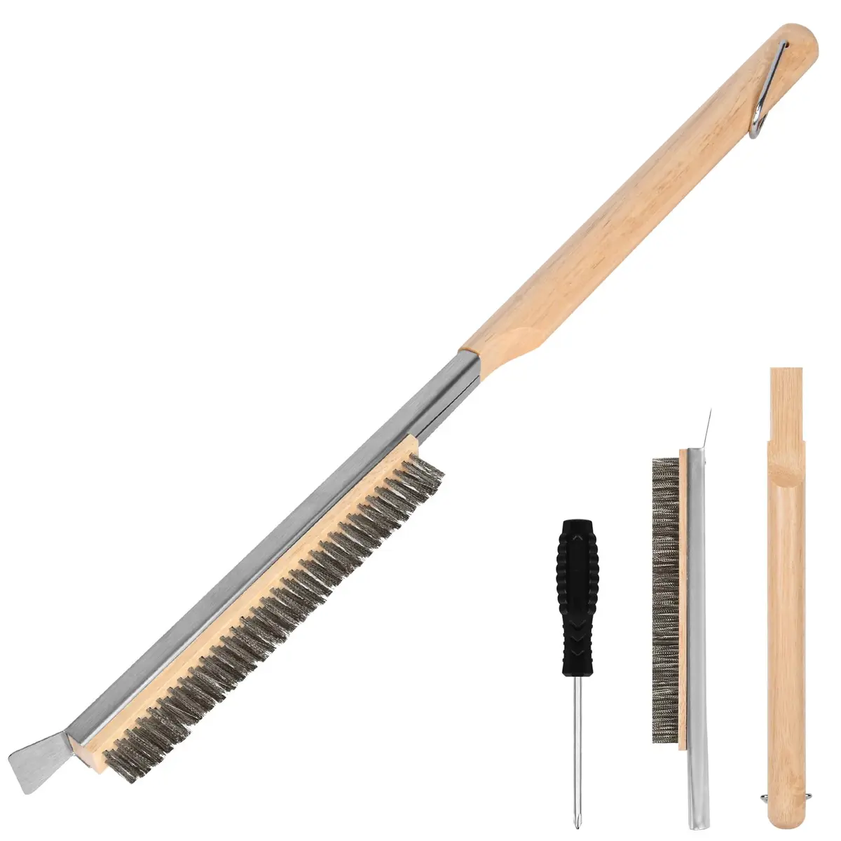 Aolso Pizza Oven Brush 21" Stainless Steel & Rubber Wood Handle | Heavy Duty Grill Cleaning Tool - main product image