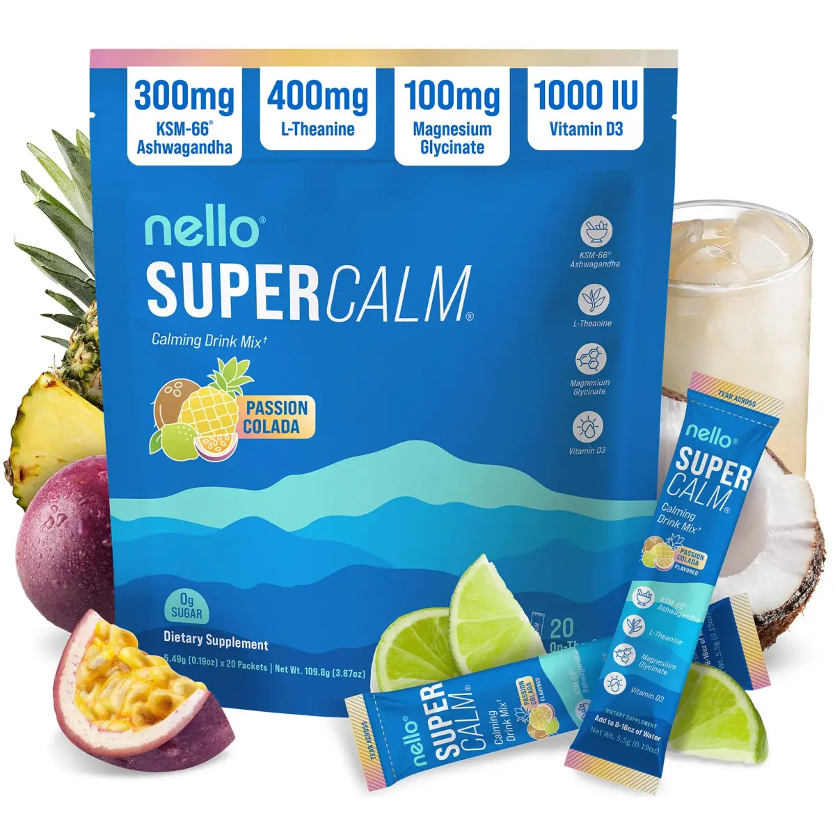 Nello Supercalm Powdered Drink Mix Passion Colada 20 Servings | Cortisol Reducer & Sleep Aid Supplement - main product image
