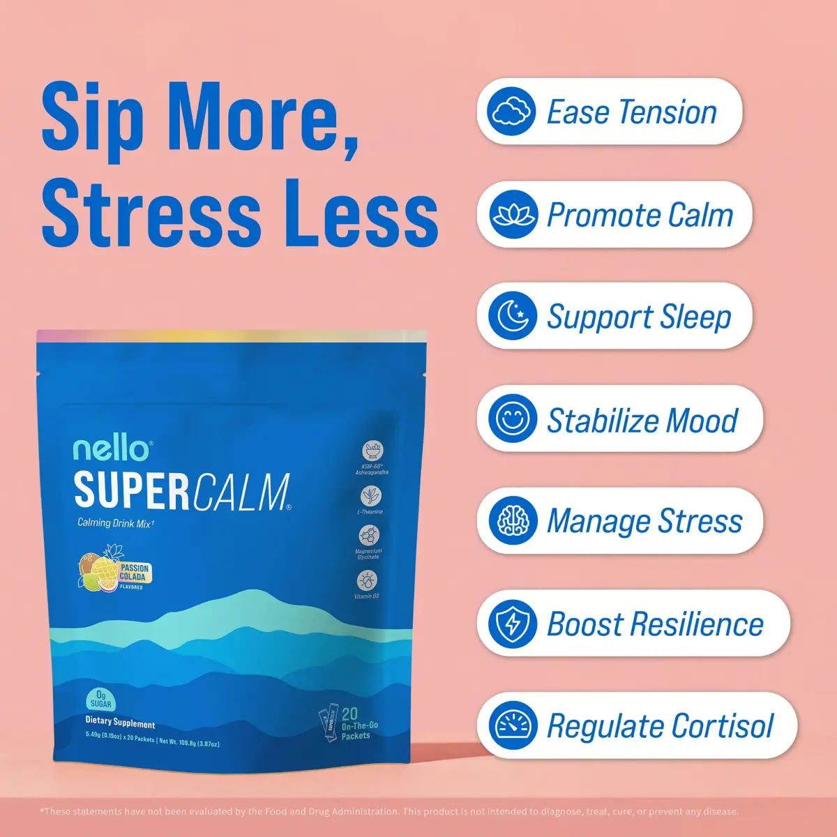 Nello Supercalm Powdered Drink Mix Passion Colada 20 Servings | Cortisol Reducer & Sleep Aid Supplement - view 3