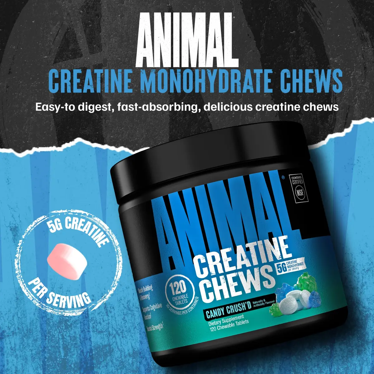 Animal Creatine Monohydrate Chews for Men & Women | 120 Count | 5g Creatine per Chew for Strength & Recovery - view 2