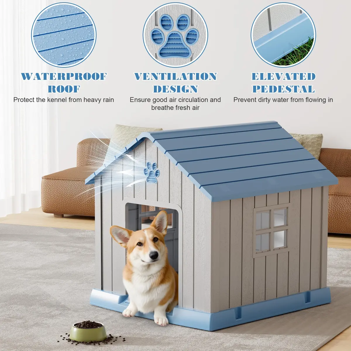 Fancyango Dog House Outdoor Indoor Waterproof Ventilated Easy to Clean Elevated Floor 31" L x 33.3" W x 33.5" H - view 3