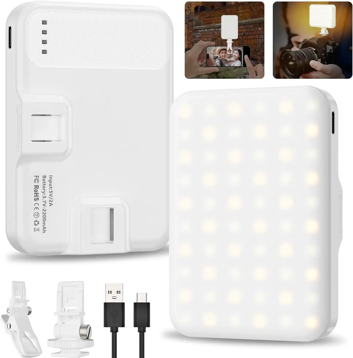 Hagibis Selfie Light, LED Camera Light Video Lights 60 LED 2200mAh Rechargeable Phone Light 7 Modes, 10-Level Brightness | Portable Clip-on for Phone/Tablet/Laptop, White - main product image