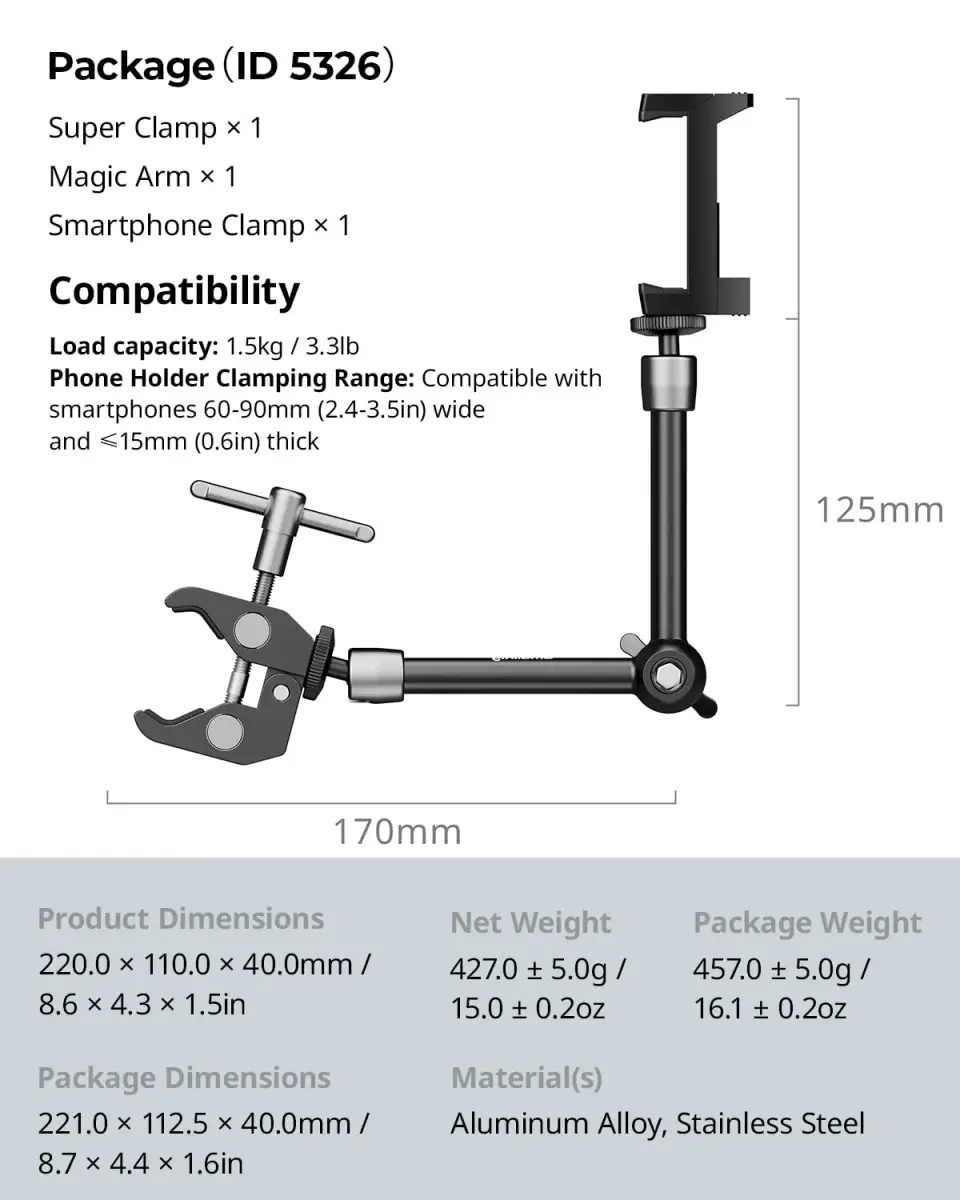 SmallRig 9.8" Articulating Magic Arm with Super Clamp & Phone Holder | 220mm (8.6") Black - view 8