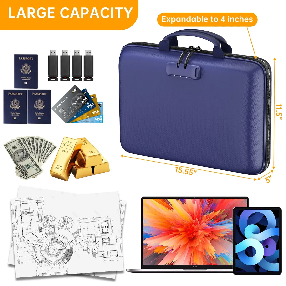 DocSafe Fireproof Document Box with Lock & 13-Pocket Accordion File Folder, 39.4cm x 29.2cm x 7.6cm (15.5" x 11.5" x 3") | UL94-V0/5VA Flame Retardant - view 4