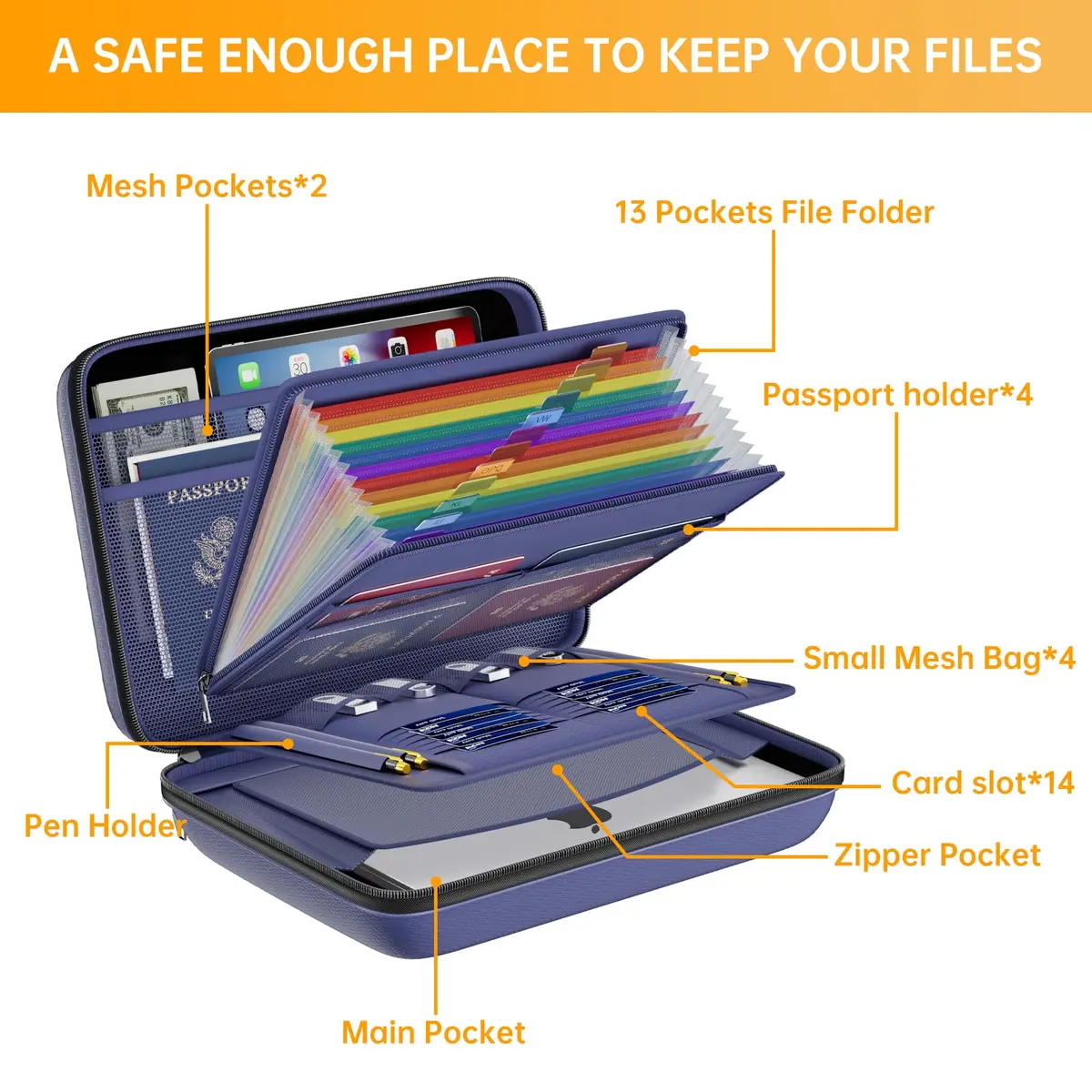 DocSafe Fireproof Document Box with Lock & 13-Pocket Accordion File Folder, 39.4cm x 29.2cm x 7.6cm (15.5" x 11.5" x 3") | UL94-V0/5VA Flame Retardant - view 8