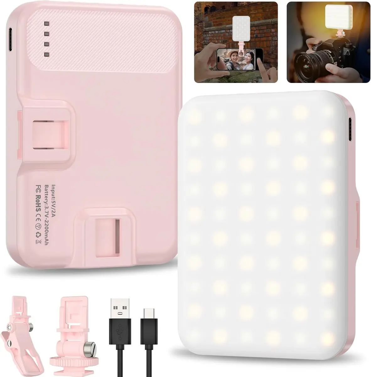 Hagibis Pink Camera Continuous Light 60 LED | Rechargeable Selfie Lighting with 7 Modes & 10 Brightness Levels - main product image