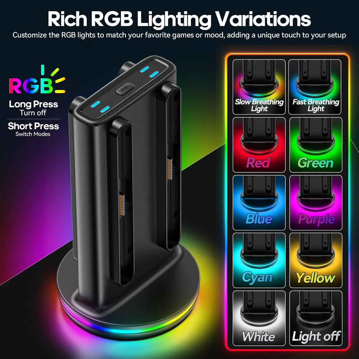 Rysker Switch 2 Joycon Charger with 9 RGBs, Magnetic & Bi-Directional Design, 4-in-1 Dock Station Stand for Nintendo Switch 2 Joy-Cons (Black) - view 5